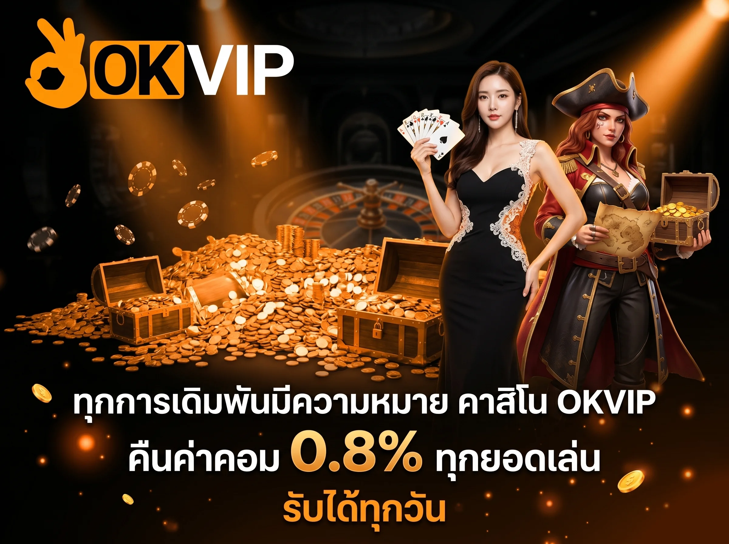 OKVIP คาสิโนออนไลน์ คืนค่าคอมมิชชั่น 0.8% ทุกยอดการเดิมพัน สล็อตและบาคาร่า